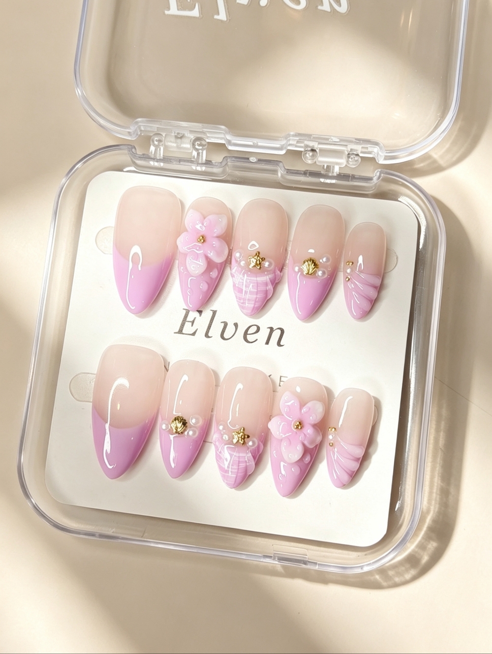 Pink Floral 3D With Ocean Style Shells And Stars Almond Handmade Press On Nails